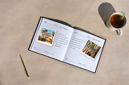 Open book with travel-themed pages on a beige surface, accompanied by a cup of tea and a pen.
